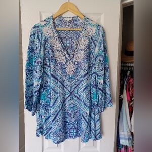 Charter Club Turquoise & White Paisley Coverup (Size L)